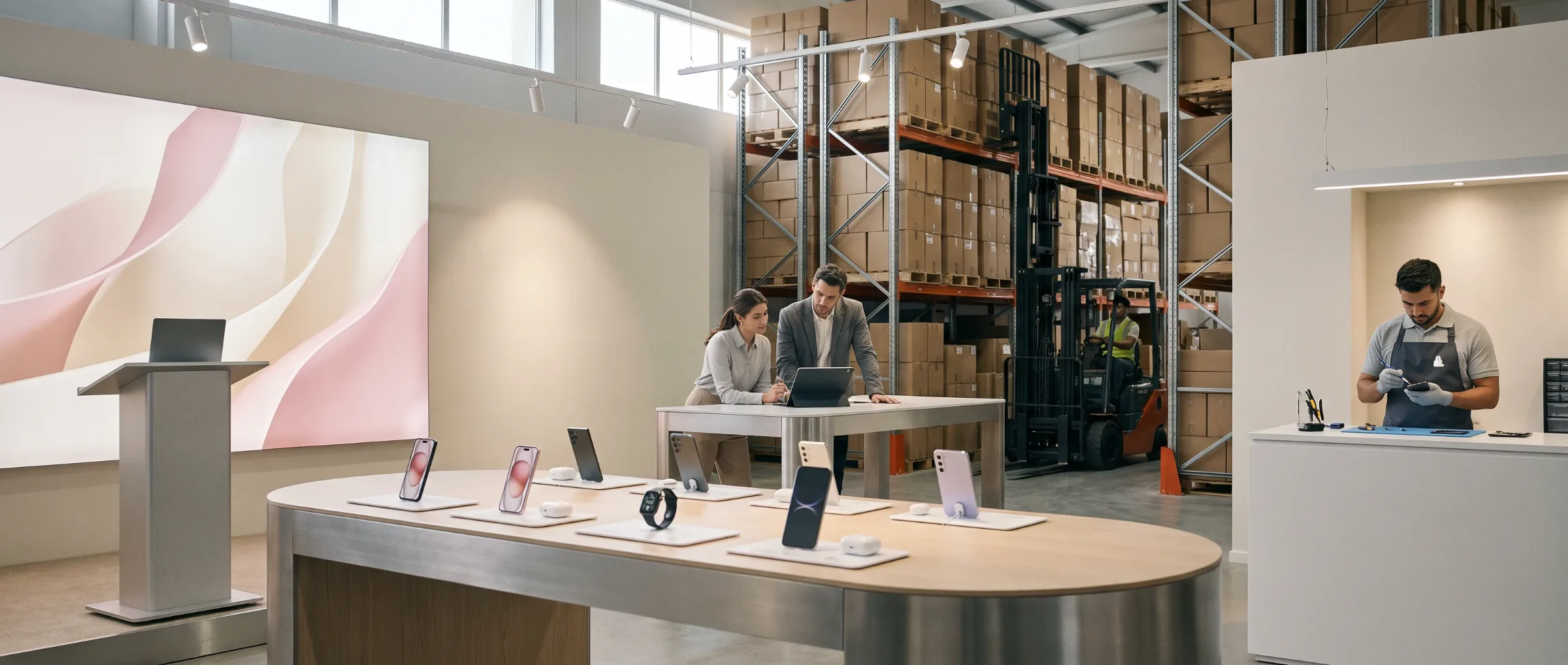Nos métiers au travail : un responsable grands comptes présente un smartphone à une acheteuse, un préparateur scanne un colis dans l’entrepôt, une merchandiseuse installe un présentoir, un technicien SAV répare un smartphone