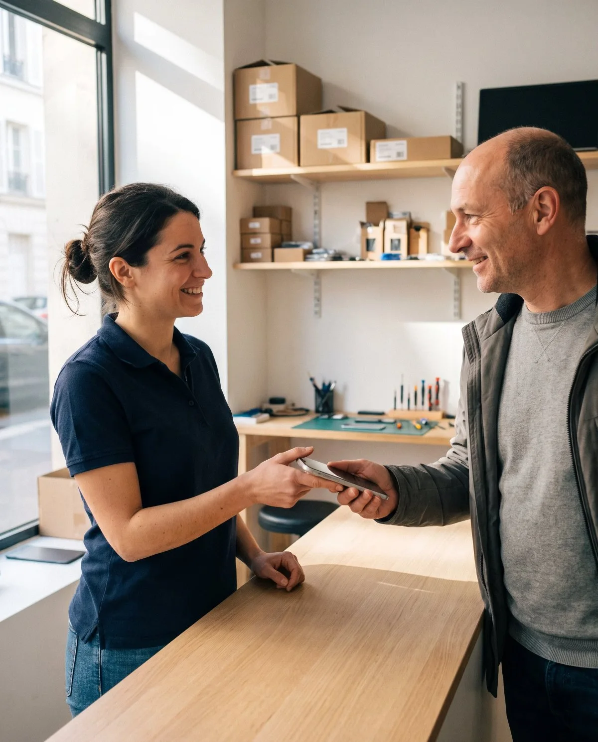Au comptoir SAV, une technicienne rend en souriant son smartphone réparé à un client