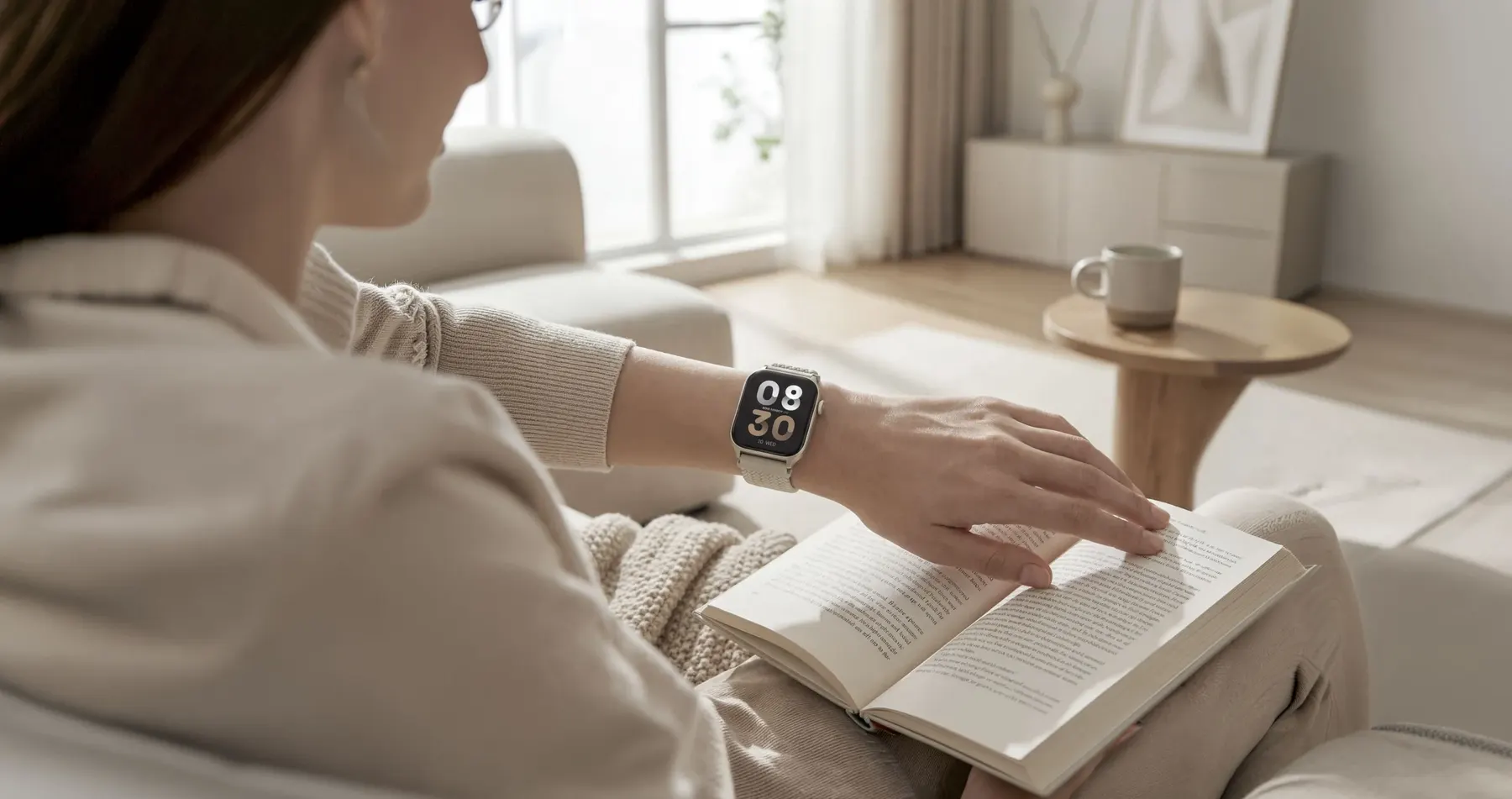 Une femme lit dans son salon, une montre Echo Rainbow One Mesh titane au poignet