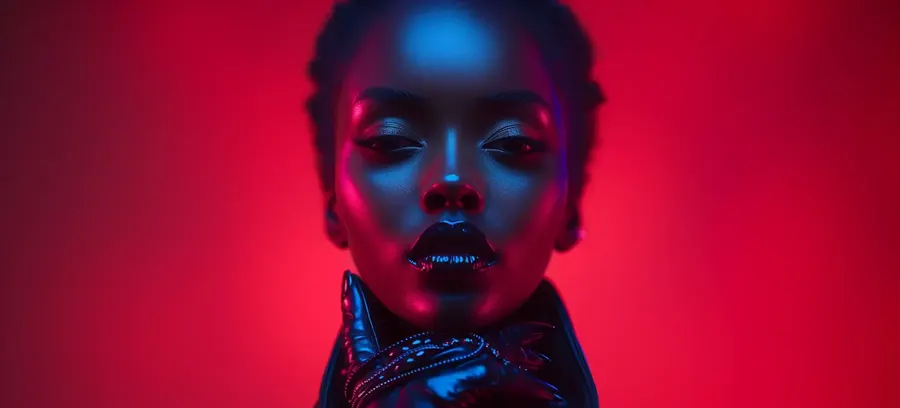Portrait d'une femme sous une lumière rouge et bleue, mains gantées