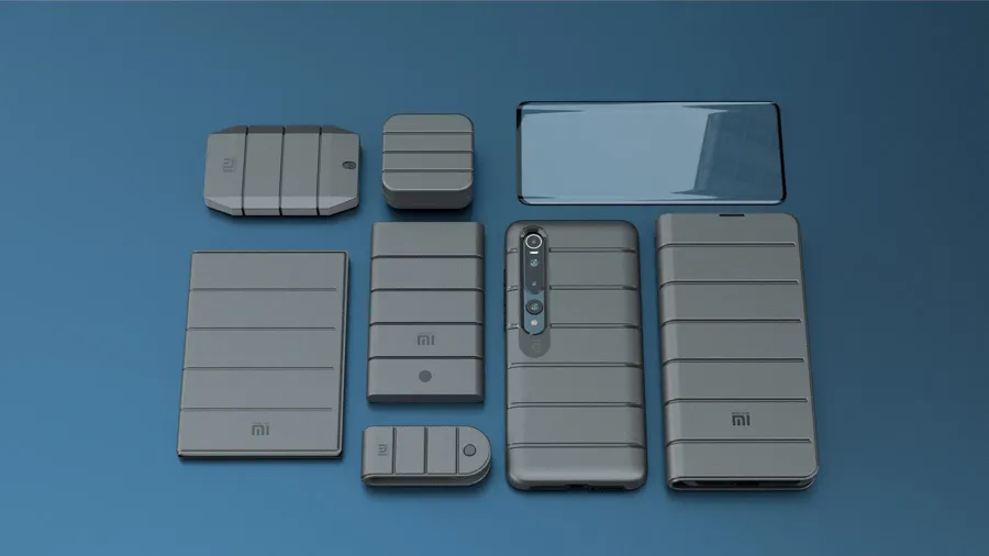 Coques, folio et verre trempé Made for Xiaomi gris anthracite disposés sur un fond bleu