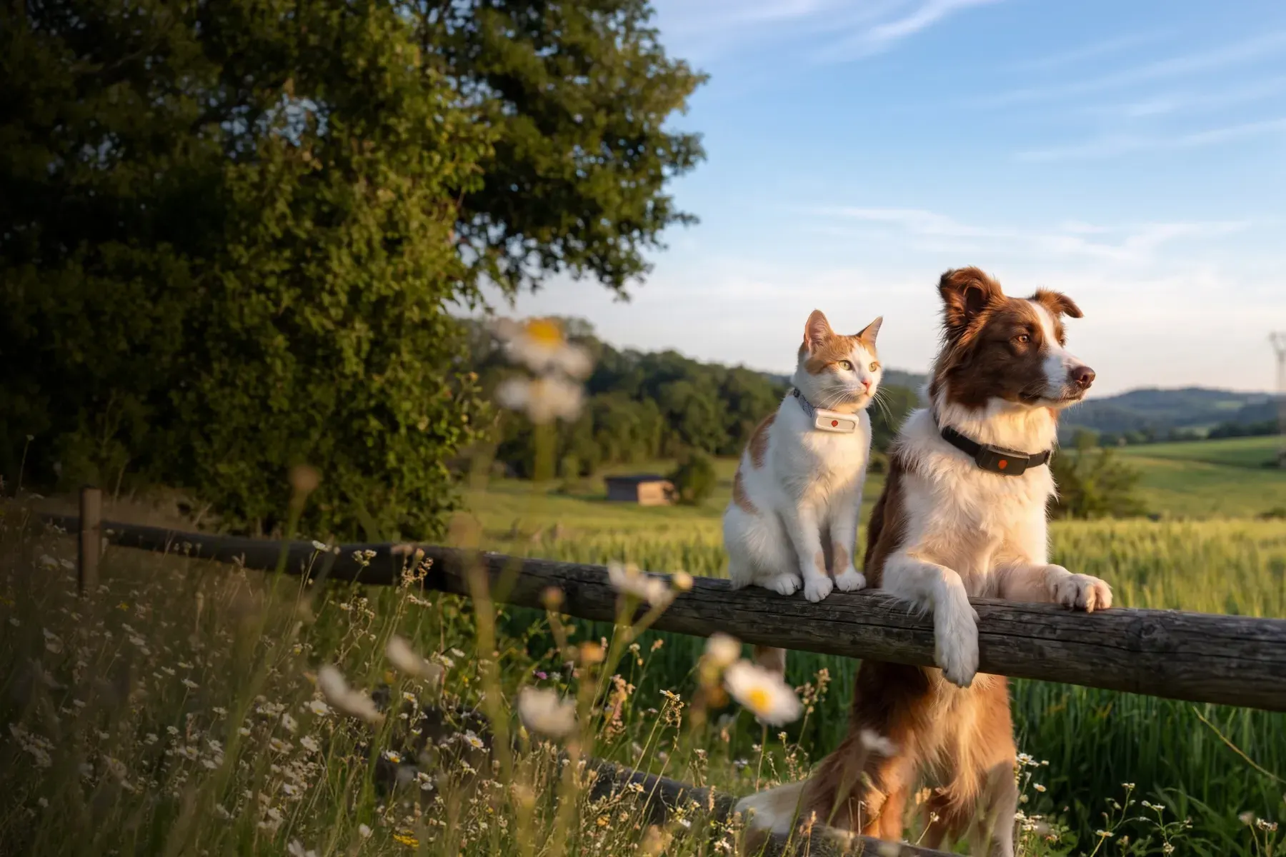Un chat et un chien équipés de traceurs Weenect sur une barrière, dans la campagne