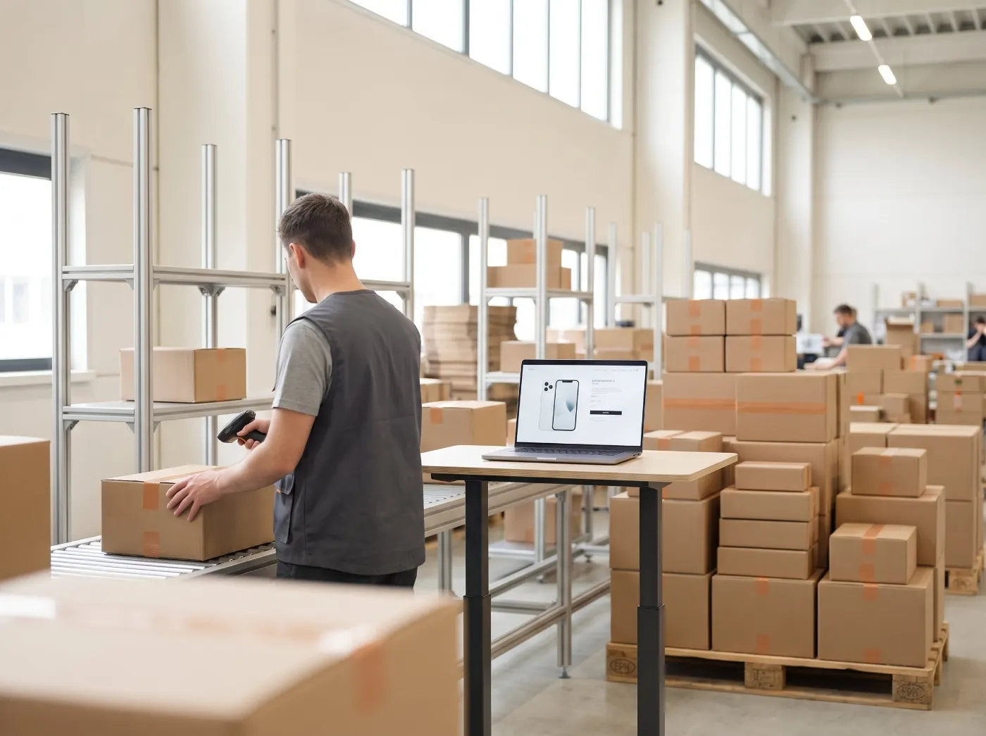 Préparation de colis e-commerce et fiche produit sur un ordinateur