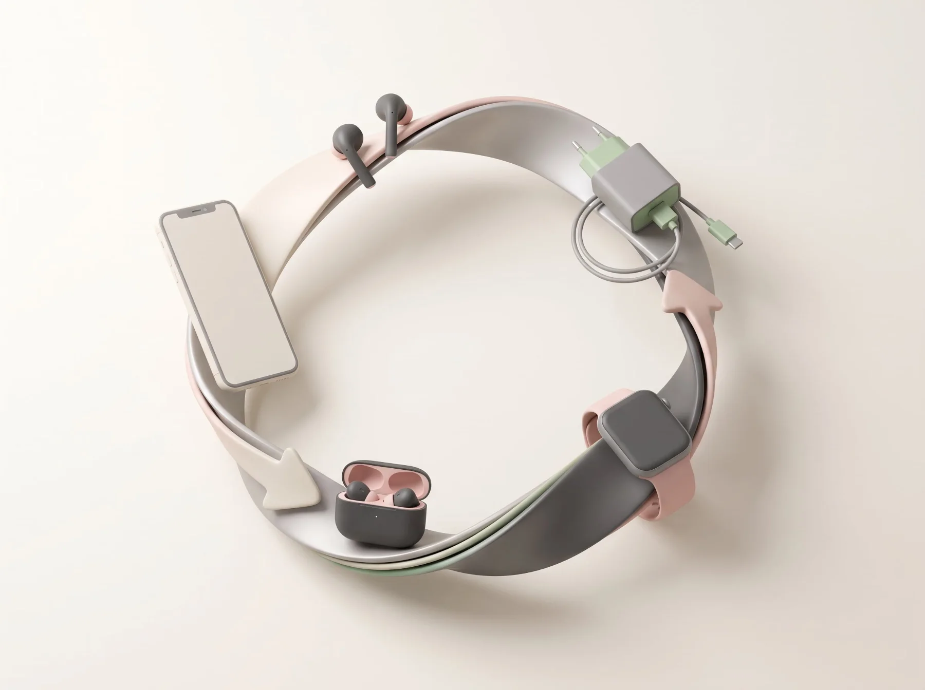Illustration : smartphone, écouteurs, chargeur et montre disposés sur une boucle